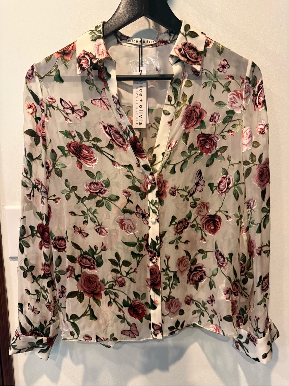 Alice + Olivia Sheer Cream Blouse with Rose & Green Botanical Print